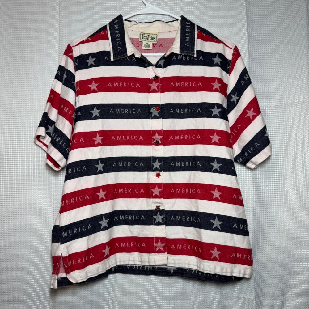 TanTrums Button Up Shirt XL Red White Blue Americana Stars Stripes July‎ 4